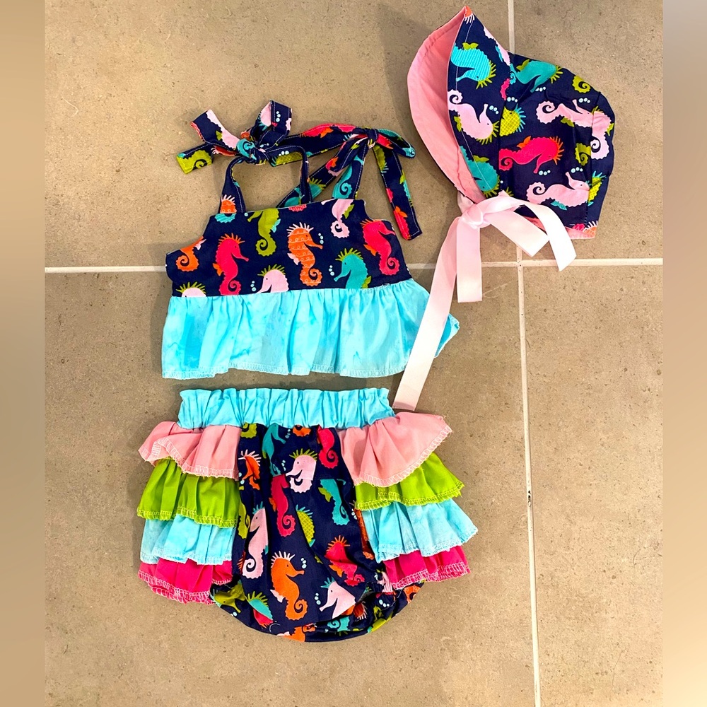 New 3 piece matching girls summer sea horse outfit